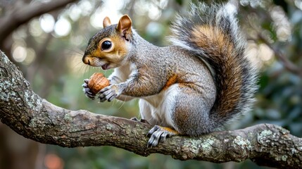 Obraz premium A squirrel holding a nut on a tree branch.