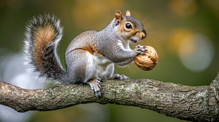 Fototapeta premium A squirrel holding a nut on a tree branch.
