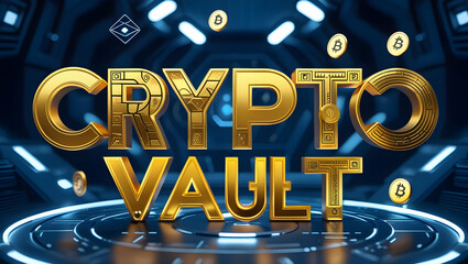 Golden Crypto Vault in Futuristic Setting;  Digital Currency Secured
