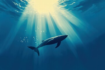 Whale swimming gracefully under sunlit waters in a serene ocean environment during midday. Generative AI