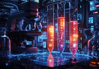 Futuristic Laboratory Setting with High-Tech Microscope and Colorful Glass Test Tubes, Emphasizing Science and Technology in Research Environment