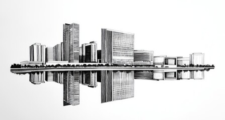 Fototapeta premium Reflective Cityscape: A Pen and Ink Drawing of an Urban Skyline Mirrored in Still Water