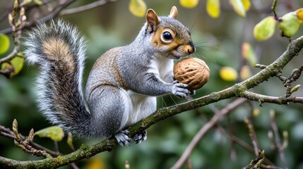Obraz premium A squirrel holding a nut on a tree branch.