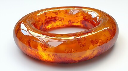 Amber ring, torus shape, polished, glossy, translucent, orange, brown, red hues, isolated on white background.
