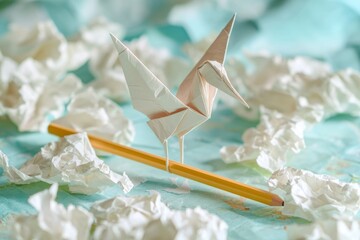 Close-up view of a delicate paper crane balancing on a pencil surrounded by crumpled paper. Generative AI