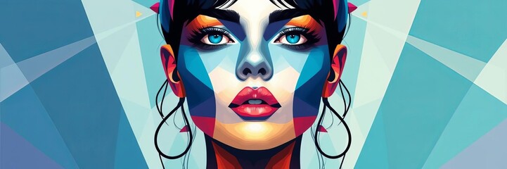 Abstract geometric portrait of a woman's face created with shapes and patterns, colorful, surreal, face