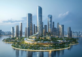 Naklejka premium Futuristic Sustainable Cityscape with Towering Skyscrapers, Lush Green Spaces, and Waterfront Views Under Clear Blue Skies at Dusk
