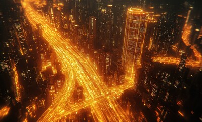Fototapeta premium Futuristic Urban Landscape with Illuminated Highways and Skyscrapers at Night Featuring a Glowing Cityscape in Vibrant Orange and Yellow Hues