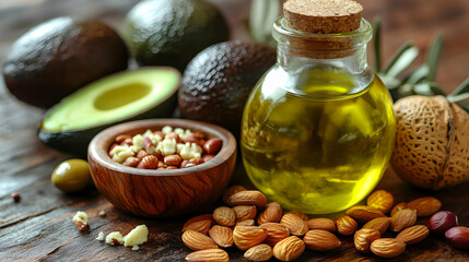 Rich and healthy avocado and almond oils with nuts and olives on a rustic wooden table