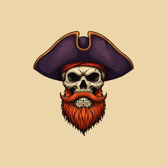 A stylized illustration of a skull wearing a tricorn hat and red beard representing a pirate captain.