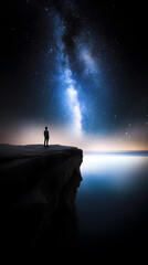Fototapeta premium cinematic photo of man on cliff watching the horizon night sky, shooting stars space milkyway galaxy,