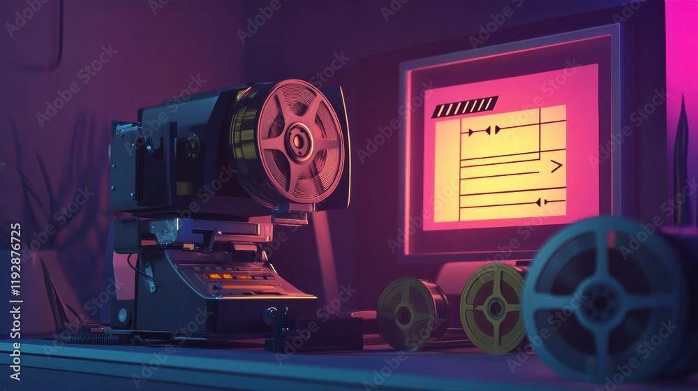 Poster Retro film projector with reels and clapperboard set against a colorful backdrop in a vintage filmmaking room. Generative AI