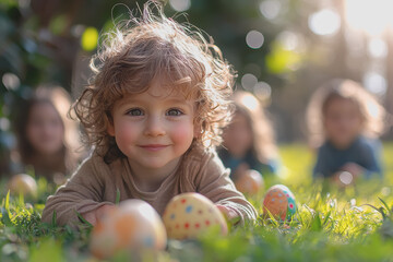 Little girl lying in the grass surrounded by colorful easter eggs enjoying a sunny day playful mood childhood happiness springtime joy innocence and natures beauty outdoors