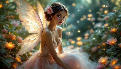 Elegant Fairy Wings Glowing Dress Enchanting Garden Fantasy Art