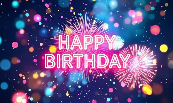  Happy Birthday  text vibrant fireworks colorful bokeh lights background celebration