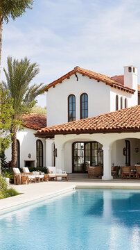 A large white house with a red tile roof