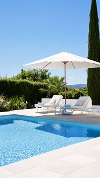 A pool with a white umbrella and two white lounge chairs