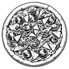Pizza with Toppings engraving vector illustration