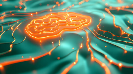 Creative AI mind represented with orange glowing pathways on a glossy teal surface with subtle gold metallic highlights, clean and futuristic
