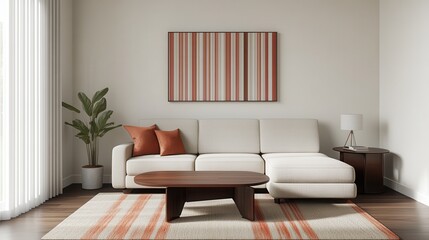 interior minimal midcentury. Modern living room with cozy sofa and decorative elements.