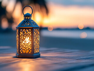 Illuminated lantern on wooden table at sunset beach, serene coastal scene; perfect for peace, tranquility, meditation, or travel themes
