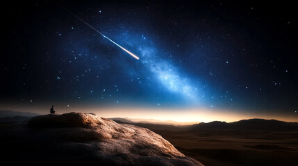 cinematic photo of man on cliff watching the horizon night sky, shooting stars space milkyway...