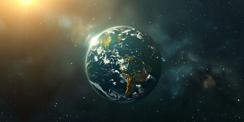 An illuminated Earth against a starry space background with a glowing sun flare on the left.