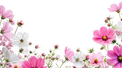 Fototapeta premium A beautiful cosmos arrangement, a decorative flower border, and blossoms on a white backdrop
