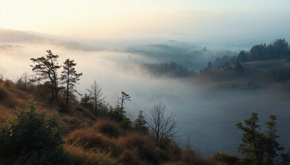 Fototapeta premium Panoramic view of the forest with morning fog