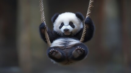Obraz premium Adorable baby panda swinging on a rope.