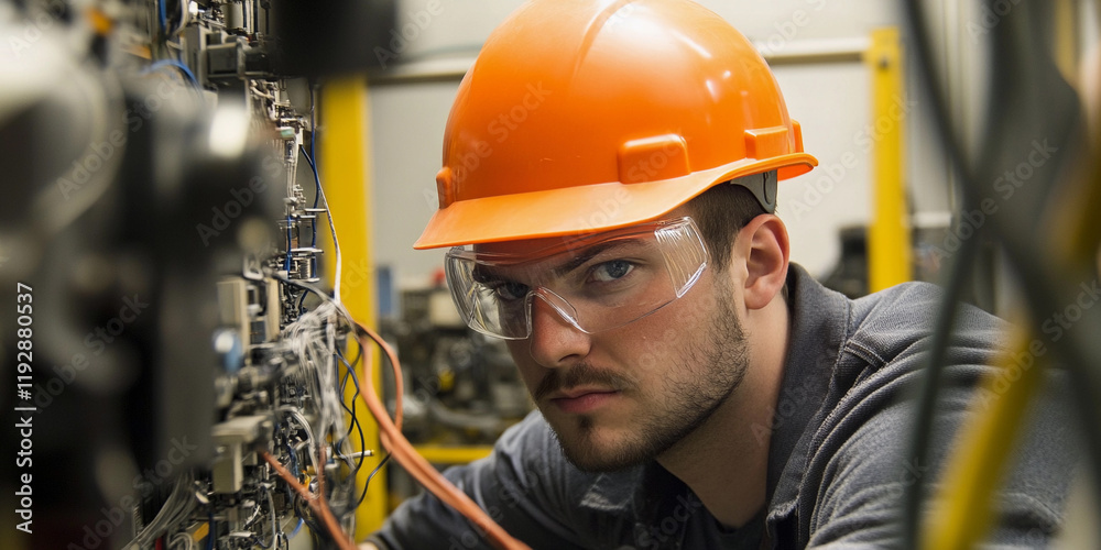 Poster technician working on machinery in industrial setting