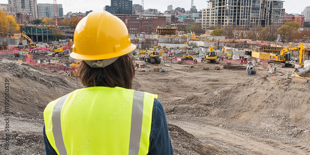 Aufkleber construction site overview with worker observing progress