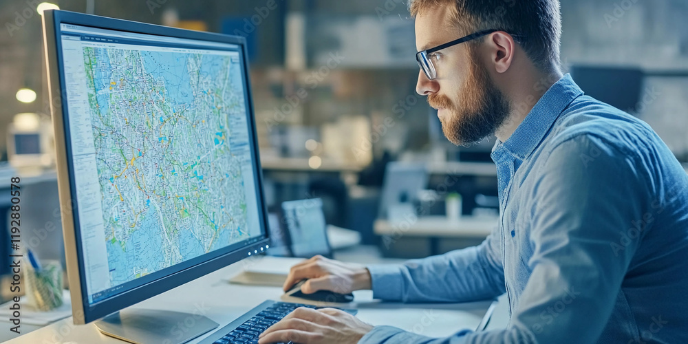 Poster Professional man analyzing maps on a computer screen