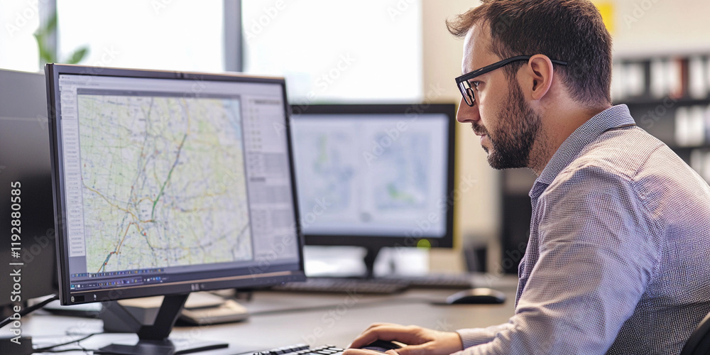 Poster Man working at desk with computer monitors displaying maps