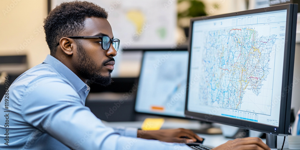 Poster Professional working with digital maps in an office setting
