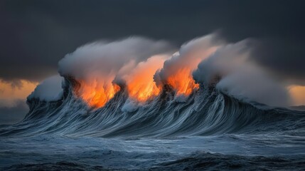 Fiery Sunset Waves Crashing Majestically On The Ocean