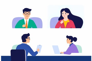 Fototapeta premium Remote Collaboration: A vibrant illustration depicts a diverse team of four colleagues engaging in a productive online meeting.