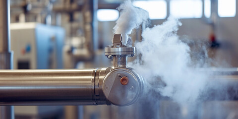 Steam valve releasing vapor in industrial setting