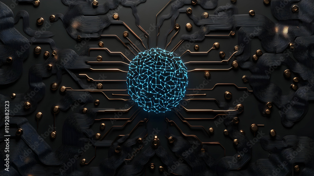 Wall mural generative ai mind as a glowing cyan matrix on a sleek black backdrop with soft bronze metallic deta