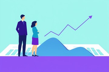 Obraz premium Business Growth and Success: A stylized illustration of a business man and woman standing proudly before an upward trending graph, symbolizing growth and success in business. 