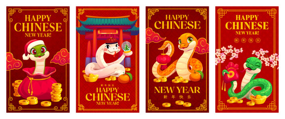 Chinese New Year posters with funny Asian horoscope snakes, vector greeting cards. Happy Chinese New Year lunar holiday with snakes, golden coins and tangerines in cherry blossom at temple pagoda