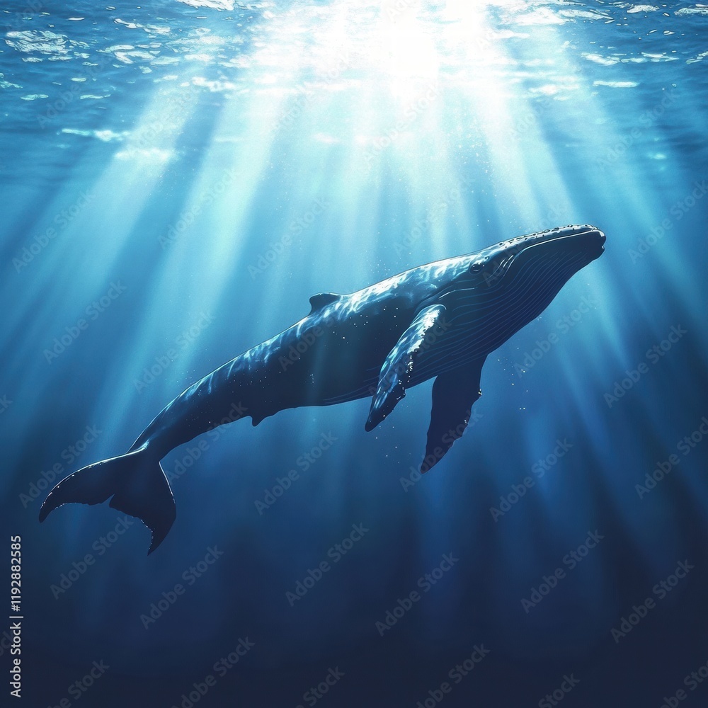 Poster humpback whale swimming gracefully in deep ocean with sunlight filtering through water. generative a