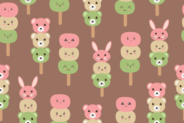 Obraz premium Japanese dango dessert with 3 different colors. Seamless pattern of traditional dessert on mocha mousse color background