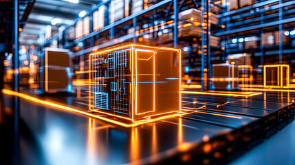 Smart warehouse management system using augmented reality technology to identify package picking and delivery . Future concept of supply chain and logistic busines