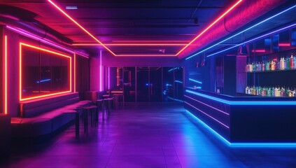 Neon-lit Lounge Bar Interior with Vibrant Lighting and Modern Design, Capturing an Energetic Atmosphere for Nightlife and Entertainment Concepts
