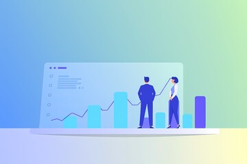Obraz premium Business Growth Strategy: Two business professionals stand on top of a growing bar chart inside of a computer screen. They have a futuristic, modern look with sleek, flat design.