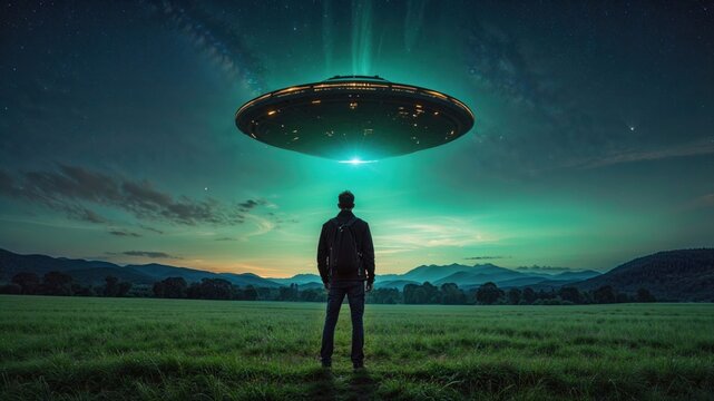 man stands in awe under a massive glowing UFO in a starry night sky, with a vibrant green horizon and rolling mountains in the distance, creating a cinematic alien encounter
