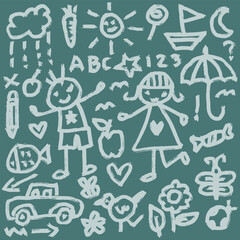 Hand drawn doodle set of children and symbols. vector illustration