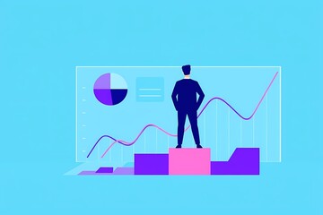 Fototapeta premium Businessman on Top of the Charts: A businessman in a dark suit stands confidently atop a stack of colorful charts and graphs, looking towards a projected screen displaying a positive upward trend.