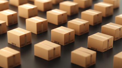 Fototapeta premium Rows of small brown cardboard boxes on a dark surface.